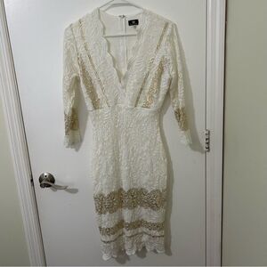 Va Va Voom White and Gold Sheath Dress with Plunge Neckline